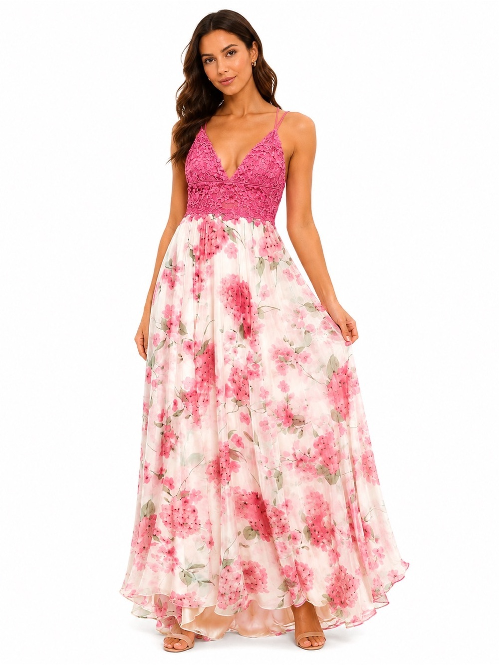 Sherri Hill 52857 Pink Floral Lace Bodice Maxi Gown